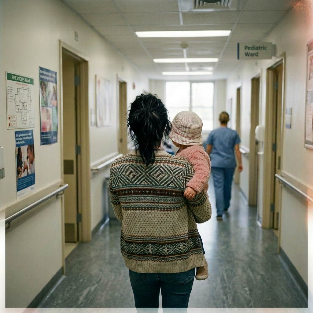 Mother holding young child in pediatric hospital corridor