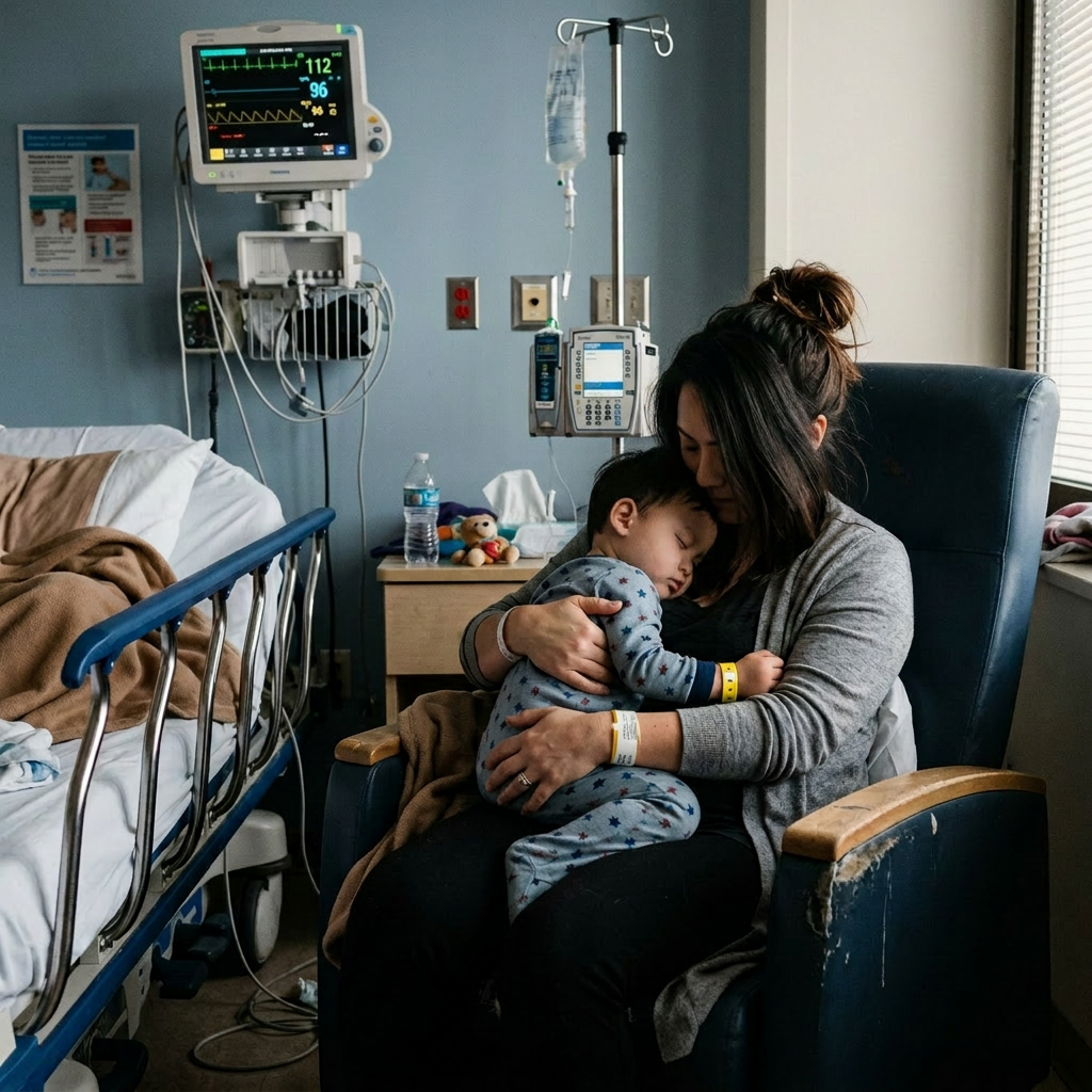 Mother sitting in hospital chair holding sleeping child wearing pajamas