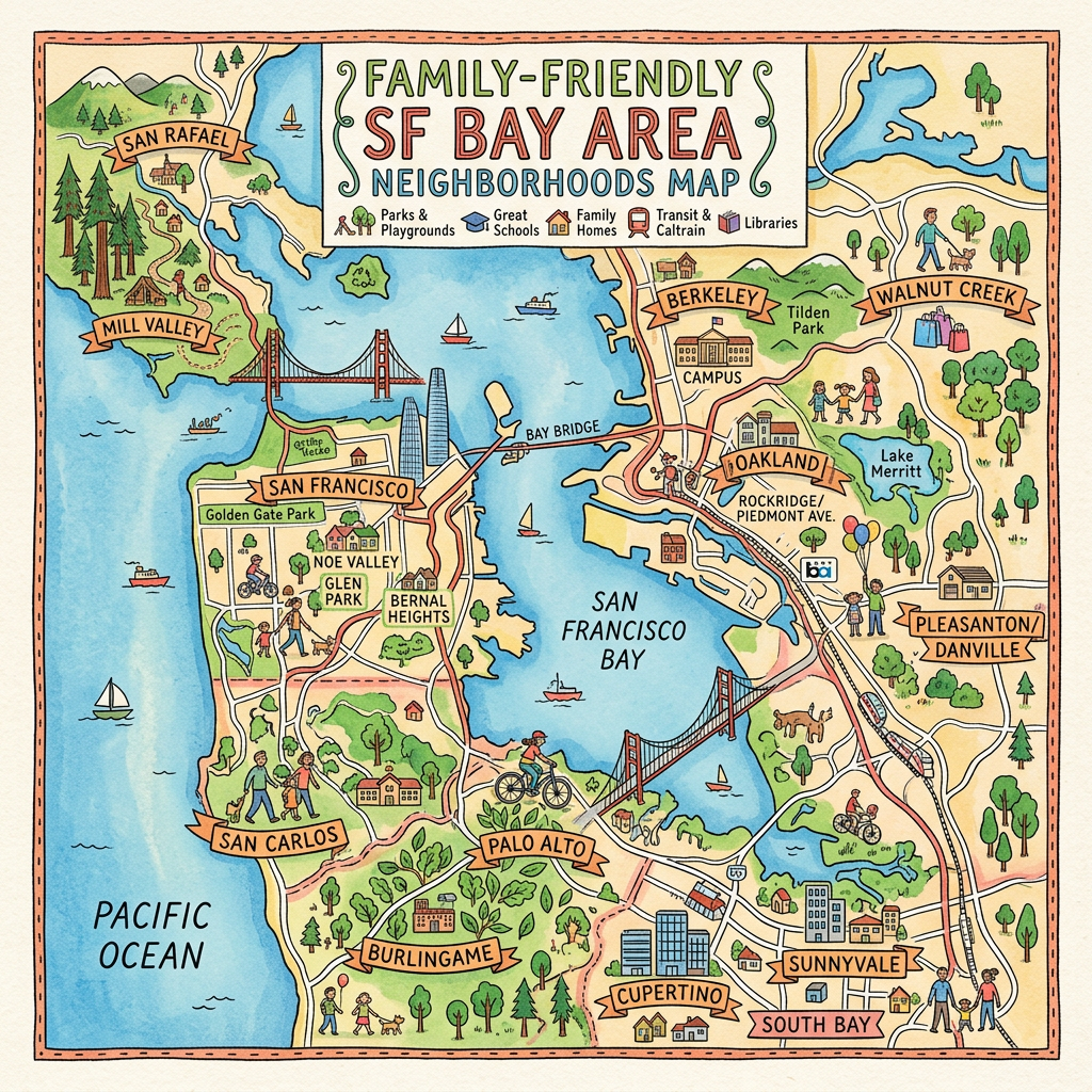 Map of San Francisco Bay Area showing family-friendly neighborhoods, parks, playgrounds, schools, transit, and libraries