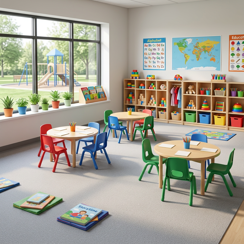 Empty children center classroom interior, no people